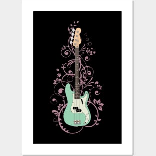 Surf Green P-Style Bass Guitar Flowering Vines Posters and Art